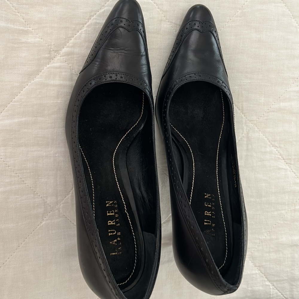 Ralph Lauren, Marsalis Baby Calf leather in black; new non slip sole, 3” heel